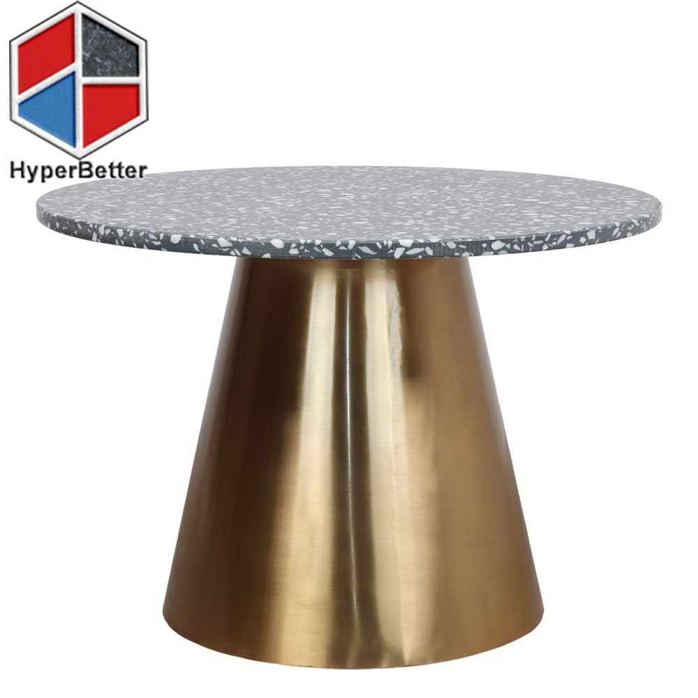 Black terrazzo table with gold ss table leg Terrazzo is our main material for dining table and coffee table, well, much better than granite and quartz for kithcn countertop. and we have more than 10 years in this item, our countertop factory was built in 2005year and 2 factories up to 39, 000SQM. Standard and project table are available. The veins are random and magical out of pink terrazzo. Here we have many color options. A-- Black terrazzo table top round style black terrazzo table 1.jpg B-- Black terrazzo table top square style black terrazzo table top2