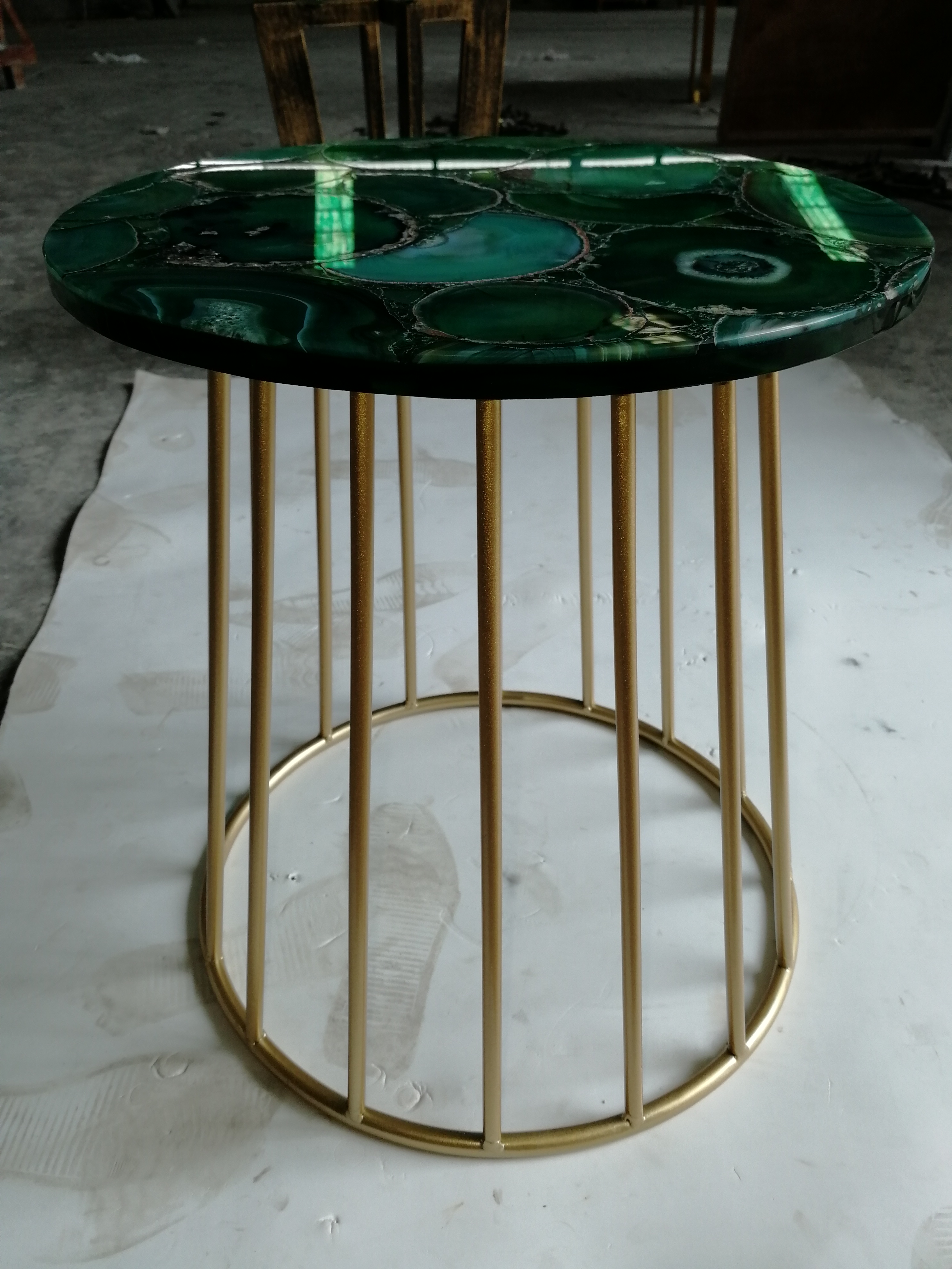 40cm dark green agate stone table top golden metal base