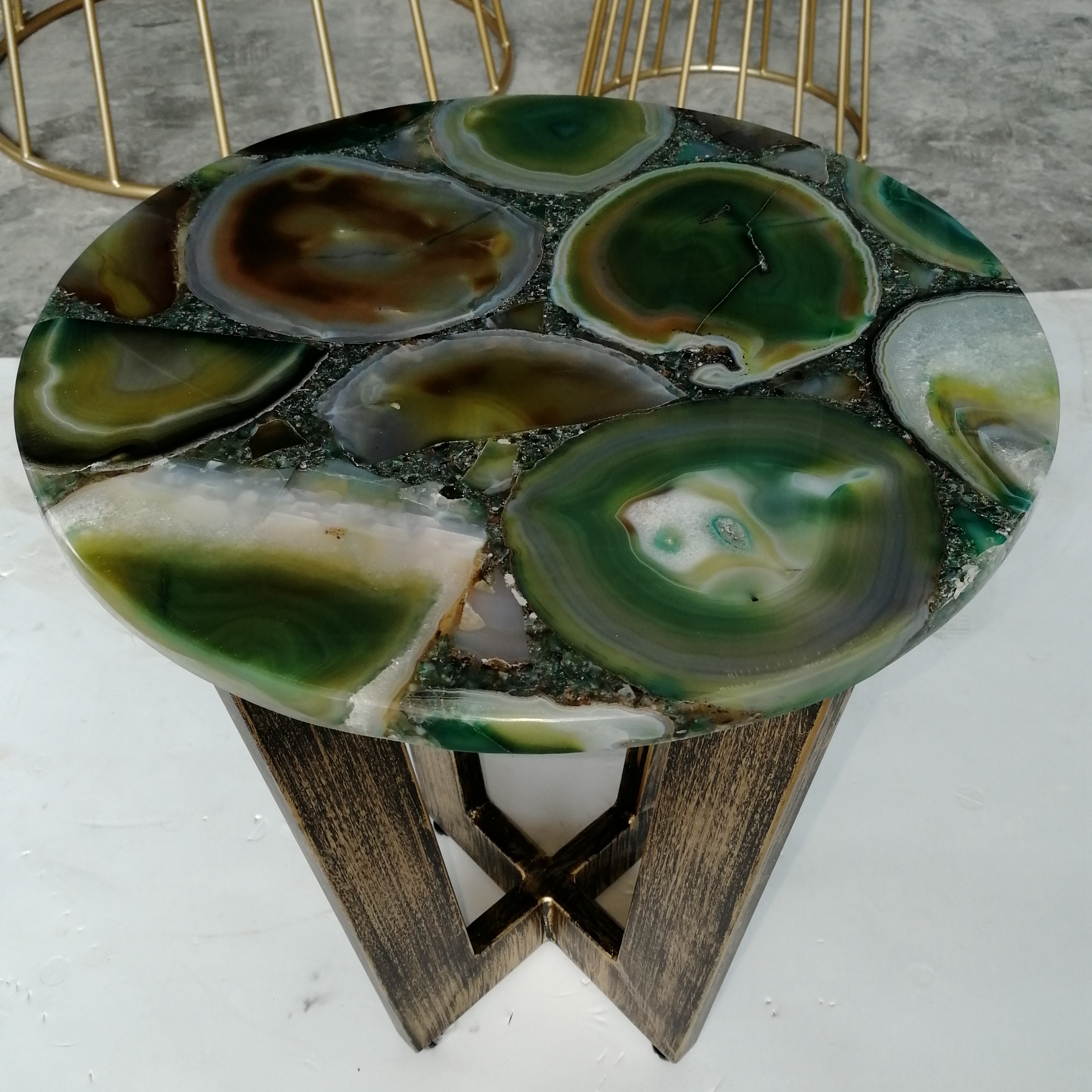 16inch Multigreen agate bed side table antique metal base
