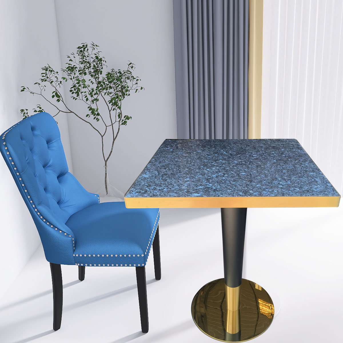 Customized factory directly square blue pearl granite dining table top double color conical legs