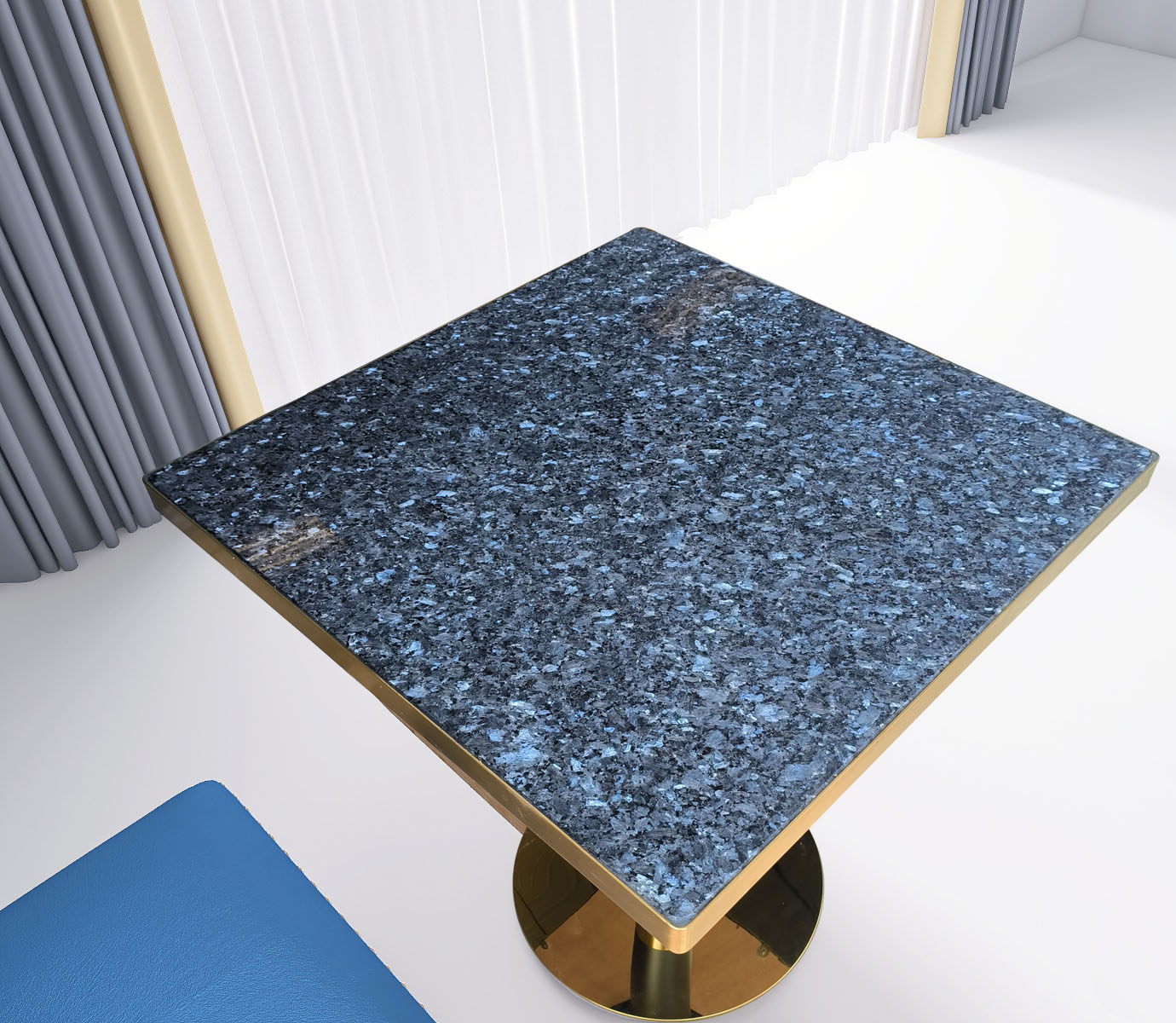 Customized factory directly square blue pearl granite dining table top double color conical legs